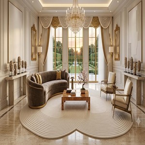 Tapis en laine courbé bio moderne pour décoration de salon de luxe, tapis texturé ivoire design, tapis contemporain haut de gamme pour intérieur. - Product Image 1