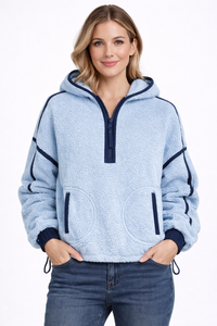 Sudadera con capucha de forro polar Sherpa azul cielo para mujer, jersey cómodo con media cremallera y ribete en contraste, textura suave y afelpada, detalle de bolsillo frontal - Product Image 4