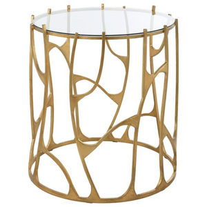 Tables basses de luxe en métal robuste de couleur noire, avec cadre orné d'oiseaux et de feuilles dorés et plateau miroir. - Product Image 5