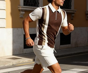 Ensembles de survêtements d'été pour hommes 2 pièces avec shorts, tenues de sport à manches courtes, polos de golf à quart de zip, chemises rayées en velours 100% - Product Image 6