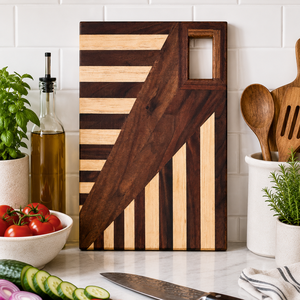 Planche à découper en bois géométrique avec motif rayé contrastant et poignée intégrée à découpe rectangulaire pour couper les légumes - Product Image 3