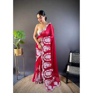 CRÉATEUR ORGANZA FIL DE SOIE BRODERIE COUPE TRAVAIL SAREE AVEC CHEMISIER NON COUDU ROUGE - Product Image 1