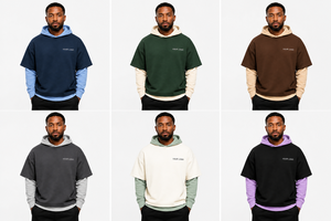 Custom Logo Heavyweight Cotton Streetwear Oversized Double <b>Layer</b> Pullover Hoodie Long Sleeve <b>Under</b> Short Sleeve Layered Hoodie - Product Image 2