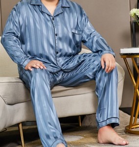 Nightwear Knitted Soft Summer Lapel Collar Long Sleeve Pants <b>Cardigan</b> Pajamas Room Lounge Wear for Fat Men - Product Image 5
