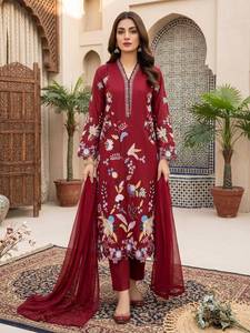 Women Traditional <b>Maroon</b> Glass Roman Embroidery Suit Party Wear Wrinkle Free <b>Top</b> Pant Georgette Dupatta - Product Image 1