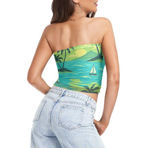 Top de tubo sin tirantes con estampado de playa tropical para mujer, top bandeau con estampado de atardecer, ropa a precio económico con personalización. - Product Image 4
