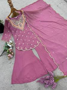 Conjunto de traje Sharara de seda Simar bordado para mujer con dupatta, ropa tradicional india y pakistaní para fiestas y bodas - Product Image 5