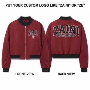 Women Crop <b>Top</b> Bomber Jacket Windproof Winter Premium Nylon Shell 110 GSM Rib Knit Panel Custom Embroidered Applique Logo <b>Maroon</b> - Product Image 1