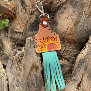 Porte-clés Western en cuir taillé à la main Turquoise Fringe Porte-clés en cuir véritable de haute qualité Porte-clés tournesol Cowgirl Porte-clés - Product Image 2
