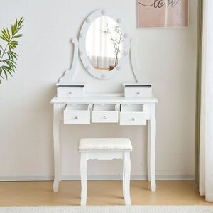 Set Toeletta Illuminato a 3 Colori Dimmerabili con Presa di Corrente, Tavolo da Trucco in Vetro e Sgabello Imbottito per Camera da Letto, Bianco - Product Image 5