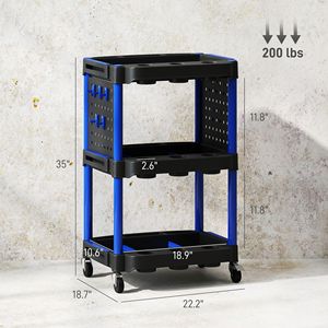 Chariot à outils roulant à 3 niveaux bleu foncé noir Chariot de rangement utilitaire en plastique d'une capacité de 200 lb avec étagères latérales pour atelier de garage - Product Image 3