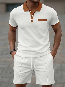 Men's White Polo Shirt Set With Brown Trim Knitted Cotton Casual Summer Wear - Product Image 4
