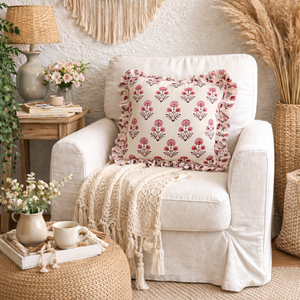 Funda de cojín cuadrada artesanal premium de algodón puro con estampado a mano estilo bohemio de Jaipur, con volantes, ecológica, para uso en el hogar y hoteles. - Product Image 5