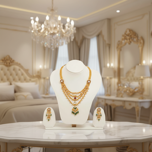 Collier ethnique long à cinq couches avec chaînes superposées, accents de pierres rubis et émeraudes, et boucles d'oreilles pendantes assorties - Product Image 3