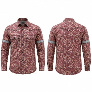 เสื้อเชิ้ตทำงานแขนยาวลายเพสลีย์สีแดงสำหรับผู้ชายพร้อมแถบสะท้อนแสงวัสดุผ้าฝ้ายชุดทำงานแฟชั่น - Product Image 1