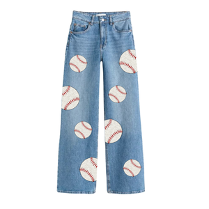 Vaqueros de mezclilla de diseñador vintage para mujer, de cintura alta, pierna ancha, transpirables, para primavera, ropa casual, bordados para el día del partido de béisbol - Product Image 2