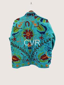Manteau à col mandarin brodé à la main avec motifs floraux, manches longues, en coton, vêtement d'extérieur décontracté pour femmes adultes, style printemps - Product Image 2