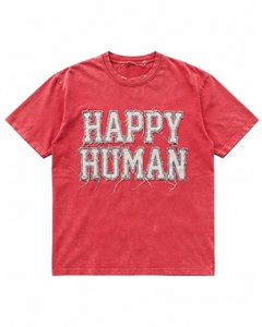 Camisetas de hombre con bordado distressed, estampado Happy Human, de peso pesado, estilo vintage lavado - Product Image 1