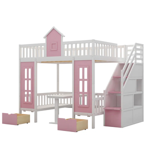 Wholesale Wooden Full <b>Over</b> Full Bunk Bed in Pink Color with Drawers <b>Desk</b> Bookcase Cabinets <b>Shelves</b> Built-in Stairs for Girl - Product Image 1