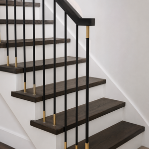 Rampe d'escalier noire moderne avec balustres à accents dorés, main courante intérieure minimaliste pour design d'escalier de luxe. - Product Image 2