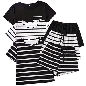 Striped Print Casual Women's Infant Pajama Set Short Sleeve TEE Shorts ODM Cotton Fall Winter Outdoor Clothes Bangladesh - Product Image 3