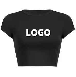 Camiseta Corta de Verano para Mujer con Logotipo Personalizado al por Mayor, Camiseta de Algodón de Color Sólido con Cuello Redondo, Camiseta Corta Ajustada para Mujer - Product Image 1