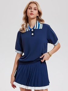 Ensemble de robe de tennis bleu marine pour femmes, col marin, manches courtes, polyester respirant, vêtements de sport d'été, coupe régulière - Product Image 3