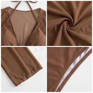 Traje de baño de gasa para mujer, cuello en V profundo, drapeado, manga larga, color liso, elástico, ropa de playa - Product Image 4
