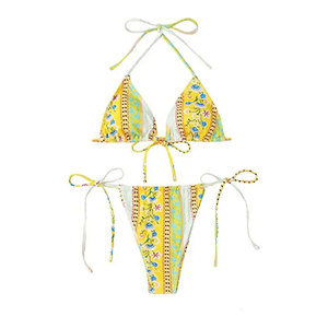 Ensemble de bikini à imprimé floral pour femmes, deux pièces, haut à bretelles, bas à nouer sur les côtés, maillot de bain en spandex et polyester - Product Image 1