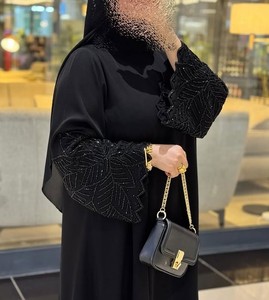 Black Beaded Abaya With Leaf Pattern <b>Long</b> Sleeve Modest <b>Dress</b> <b>For</b> Women Daily Wear All Seasons abaya de style dubaï - Product Image 1