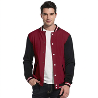 Jaket Varsity Baseball Pria Warna Blok Maroon Hitam Kancing Tekan Kerah Tegak Lengan Panjang Bahan Kanvas Bernapas untuk Musim Dingin