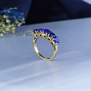 Blue <b>Lapis</b> <b>Ring</b> 14K Gold Plated Modern Eternity Band Oval Stone Five Stone Unisex Jewelry for Engagement September Brass - Product Image 3