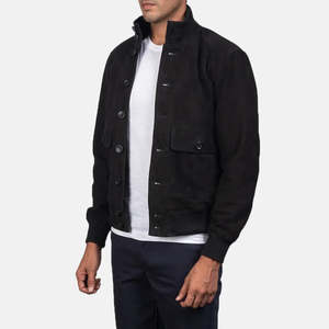 OEM Custom Black <b>Suede</b> Stand Collar 340g Bomber <b>Jacket</b> Men's Winter Waterproof Genuine Zipper Closure Streetwear Cotton Lining - Product Image 4