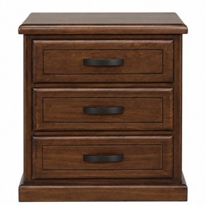 Mesita de Noche de Madera de Teca Cozy Silhouette con Acabado de Grano Rico y 3 Cajones para el Hogar - Product Image 1