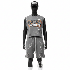 Conjunto Corto sin Mangas para Mujer, 100% Algodón, Felpa Rica en Algodón, Gris, Estampado con Efecto Desgastado, Impresión Serigrafiada, Logotipo Personalizado - Product Image 6