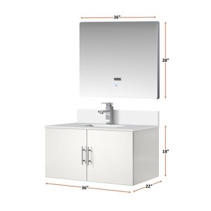 Glossy White 36 In. <b>Bath</b> Vanity with 22 In. Cultured Marble Top and LED <b>Mirror</b> 36 In. Faucet Set 22 In. W X 22 In. D - Product Image 6
