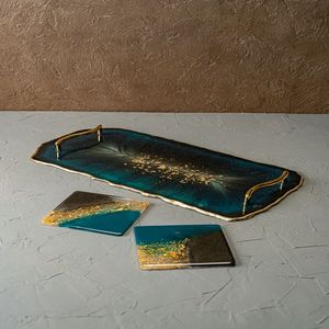 Rectangle Resin Wedding Floral Decorative <b>Tray</b> with Gold Plated Handles and <b>Black</b> Crystal Accents for Glam - Product Image 3