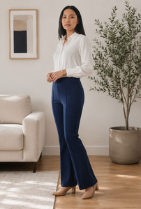 High Waist Flare Pants <b>Women</b> Solid Color Crepe Anti-Wrinkle Full Length Office Lady Style Autumn Wear Elastic Waist <b>Trousers</b> - Product Image 1
