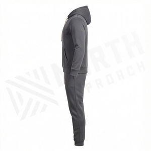 Ensemble de survêtement gris à capuche pour homme, couleur unie, décontracté, manches longues, pantalon à cordon de serrage, coupe régulière, 100 % coton, pour l'automne - Product Image 3