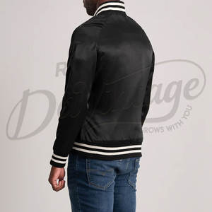 Blouson Bomber Varsity en Satin Noir pour Homme avec Poignets Côtelés Rayés et Fermeture à Boutons Pression – Vêtement d'extérieur Léger et de Qualité Supérieure - Product Image 2
