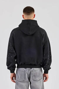 Sudadera con capucha para hombre, estilo urbano, de alta demanda, OEM, personalizada, negra, con pedrería, de corte holgado, mezcla de algodón, tela transpirable y suave. - Product Image 2