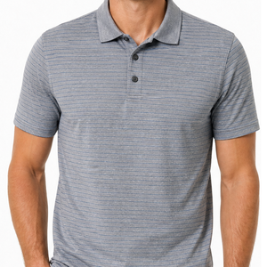 Polo pour homme gris chiné et bleu à fines rayures horizontales, manches courtes, col classique, personnalisable, respirant, pour le golf - Product Image 2