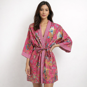 Bata de Baño Larga para Mujer Kimino, Diseño Clásico con Estampado Floral, Algodón Puro, Diseño de India y Pakistán - Product Image 1