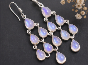 Rainbow Moonstone Chandelier <b>Earrings</b>, Pear Cut Moonstone <b>Dangle</b> <b>Earrings</b>, <b>Sterling</b> <b>Silver</b> Multi Drop <b>Earrings</b>, Boho Bridal - Product Image 3