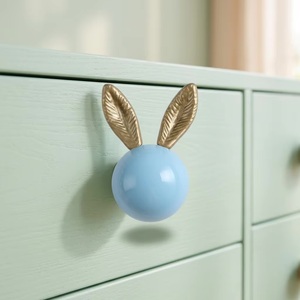 Cute Bunny Ear Resin <b>Drawer</b> Knob Blue Ball <b>Gold</b> Ears Kids Furniture Handle Nordic Style Decorative Cabinet <b>Pull</b> - Product Image 1