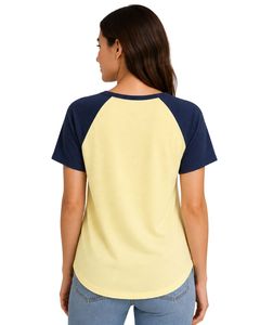Camiseta raglán de color amarillo limón claro y azul marino para mujer, camiseta informal de cuello redondo y manga corta, mezcla de algodón suave, Top de moda de verano - Product Image 2