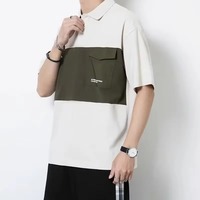 Kaos Polo Kasual Pria Lengan Pendek dengan Saku, Kerah Lipat, Longgar, Bernapas, Model Patchwork, Ukuran Besar