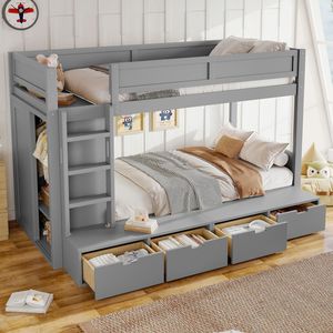Letto a Castello in Legno Massello con 4 Cassetti Contenitore, Sponde di Sicurezza a Tutta Lunghezza, Armadio Integrato per Bambini, Senza Box S - Product Image 2