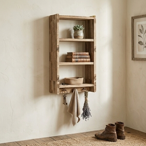 Estante de Exhibición Abierto de 3 Niveles de Madera Maciza para Montar en la Pared, Librería Colgante de Madera con Ganchos Inferiores para Abrigos, Mueble para Entrada y Sala de Estar - Product Image 4