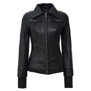 Women's Black Leather Bomber <b>Jacket</b> with Removable Hoodie - Real Lambskin Slim Fit Biker <b>Jacket</b> with Thumbhole Cuffs - Product Image 5